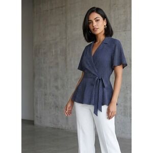 Monteau Polka Dot Peplum Wrap Top Navy Blue Short Sleeve Blouse Large